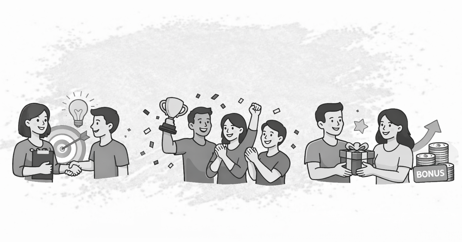 Illustration of employees celebrating rewards and recognition in the workplace