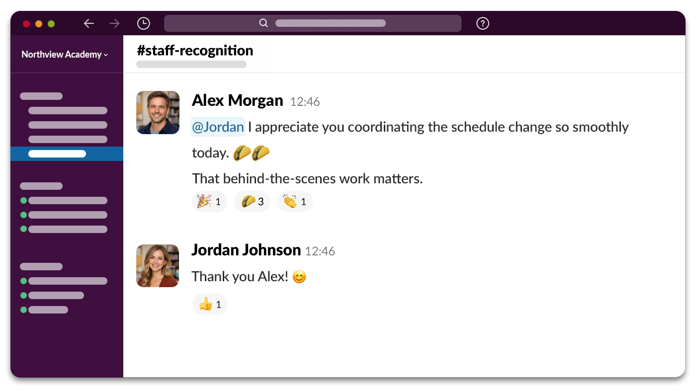 Slack recognition message celebrating an everyday win