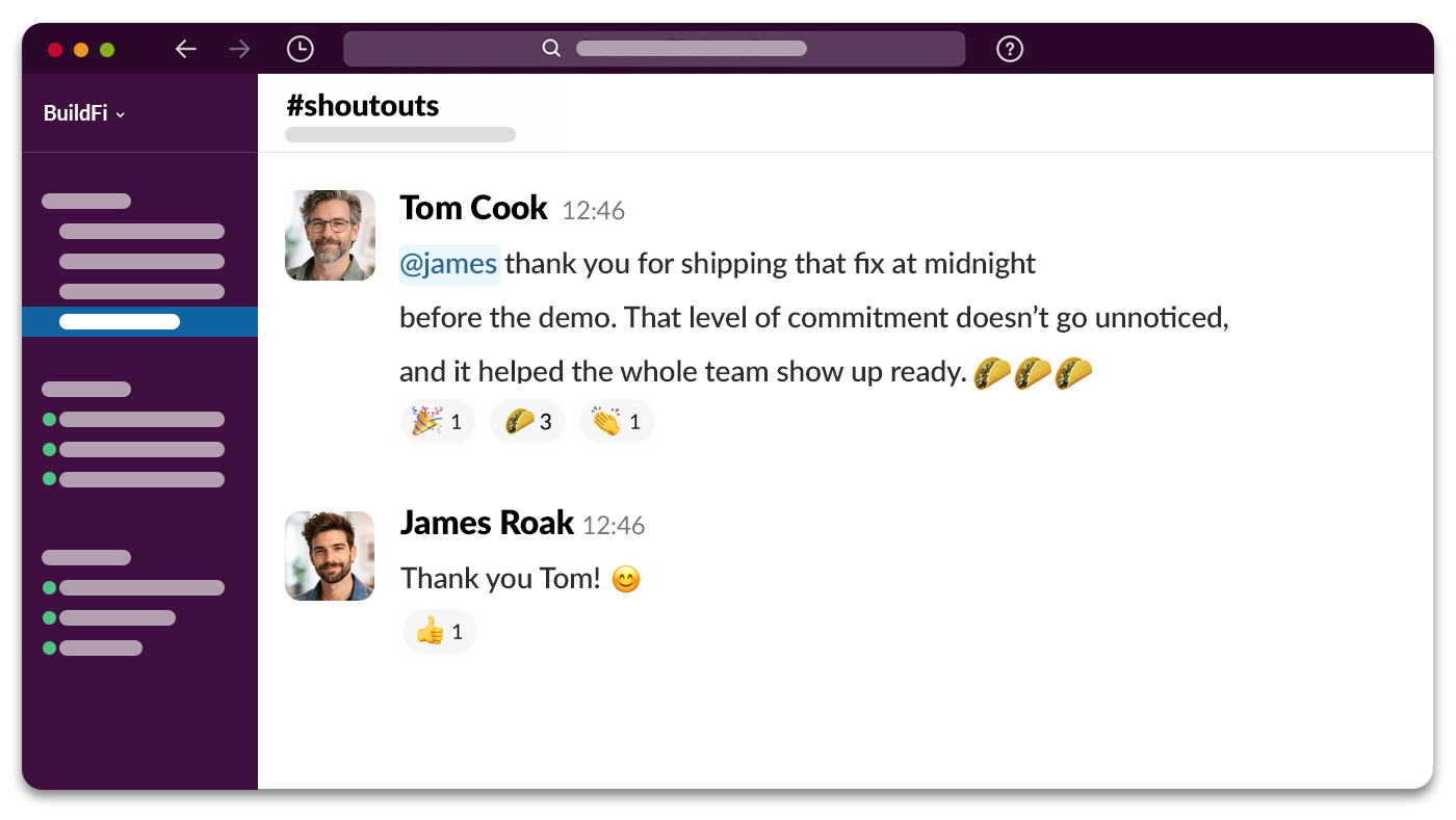Slack recognition message thanking a financial services teammate