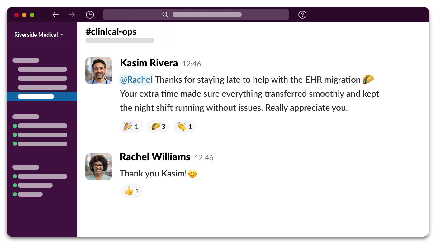 Slack recognition message thanking a healthcare teammate for staying late to support an EHR migration