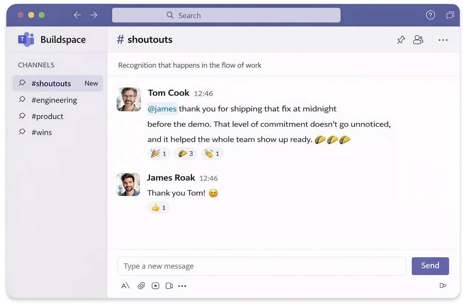 Microsoft Teams recognition message showing peer-to-peer appreciation